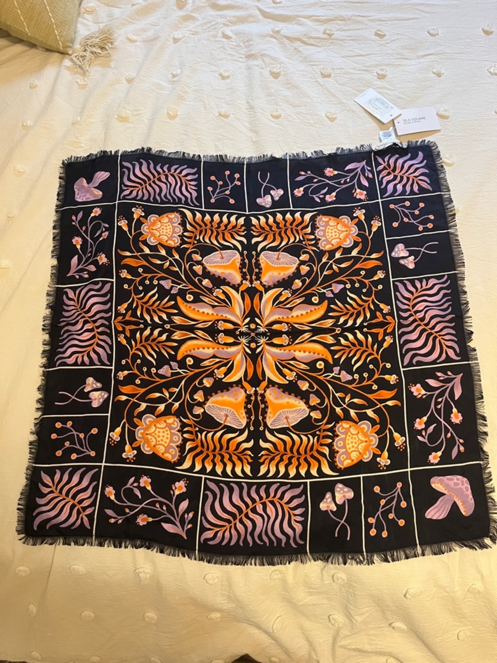 Treasure & Bond 100% Silk Scarf with Mushroom and Floral Accents